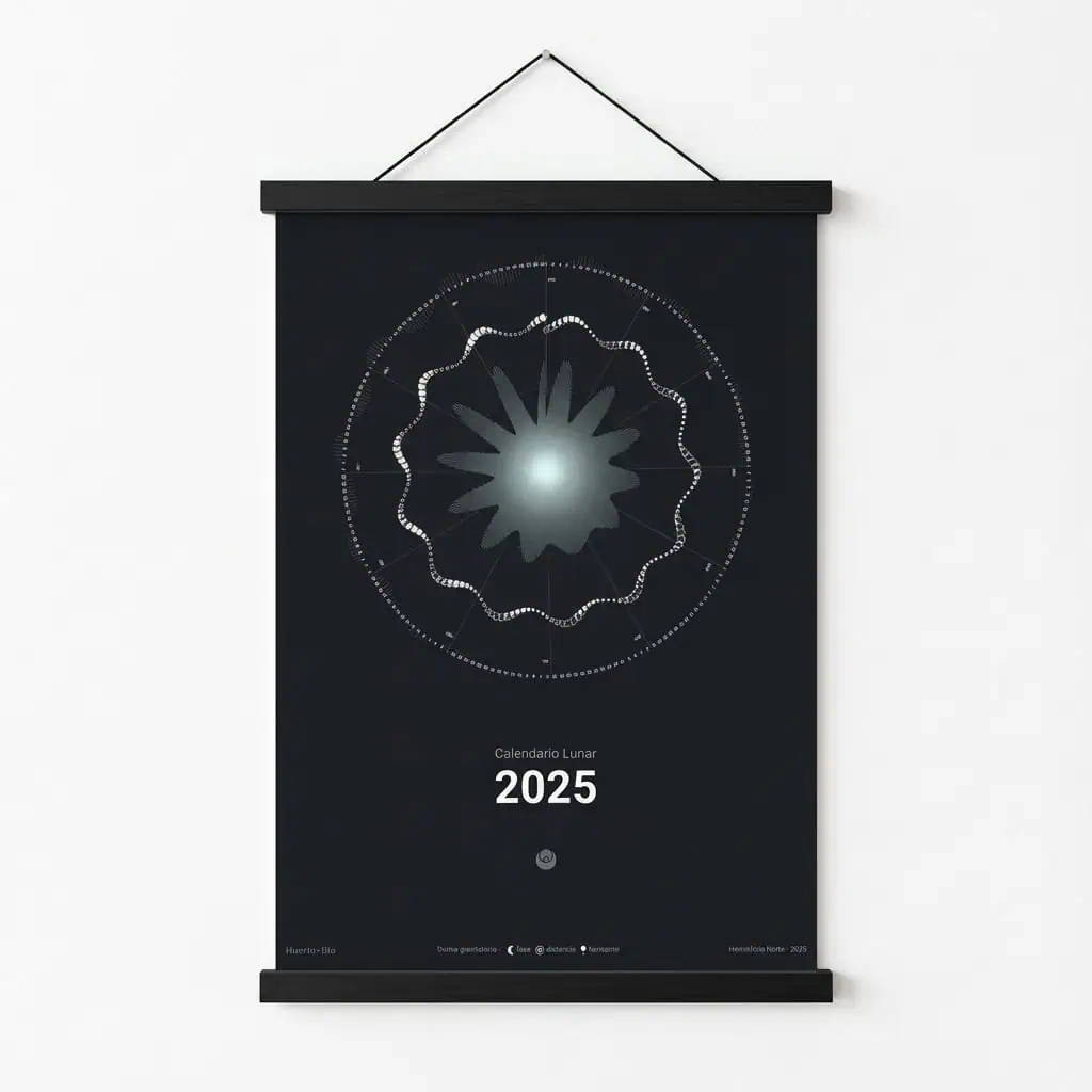 1. Póster del calendario lunar 2025 con diseño gráfico de la luna y elementos astronómicos para jardineros y amantes de la agricultura ecológica.