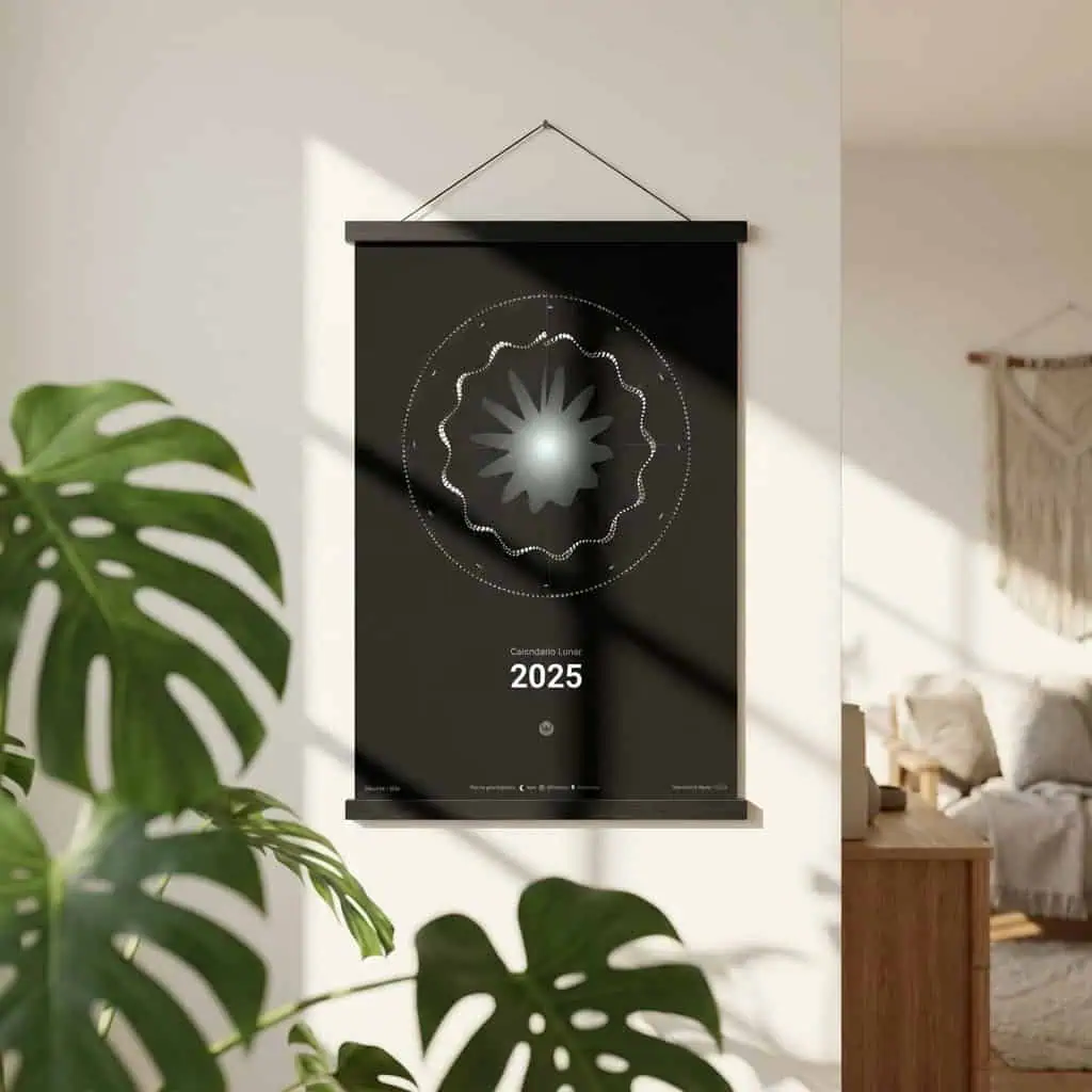 1. Póster calendario lunar 2025 con diseño moderno y minimalista en tonos oscuros, ideal para decorar espacios y llevar un seguimiento del calendario lunar en casa.