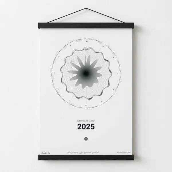 1. Reloj lunar para calendario 2025 con diseño minimalista y gráfico de fases lunares en blanco y negro, ideal para agricultura ecológica y jardinería bio.