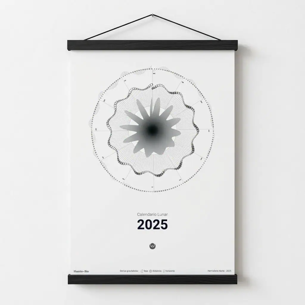 1. Reloj lunar para calendario 2025 con diseño minimalista y gráfico de fases lunares en blanco y negro, ideal para agricultura ecológica y jardinería bio.