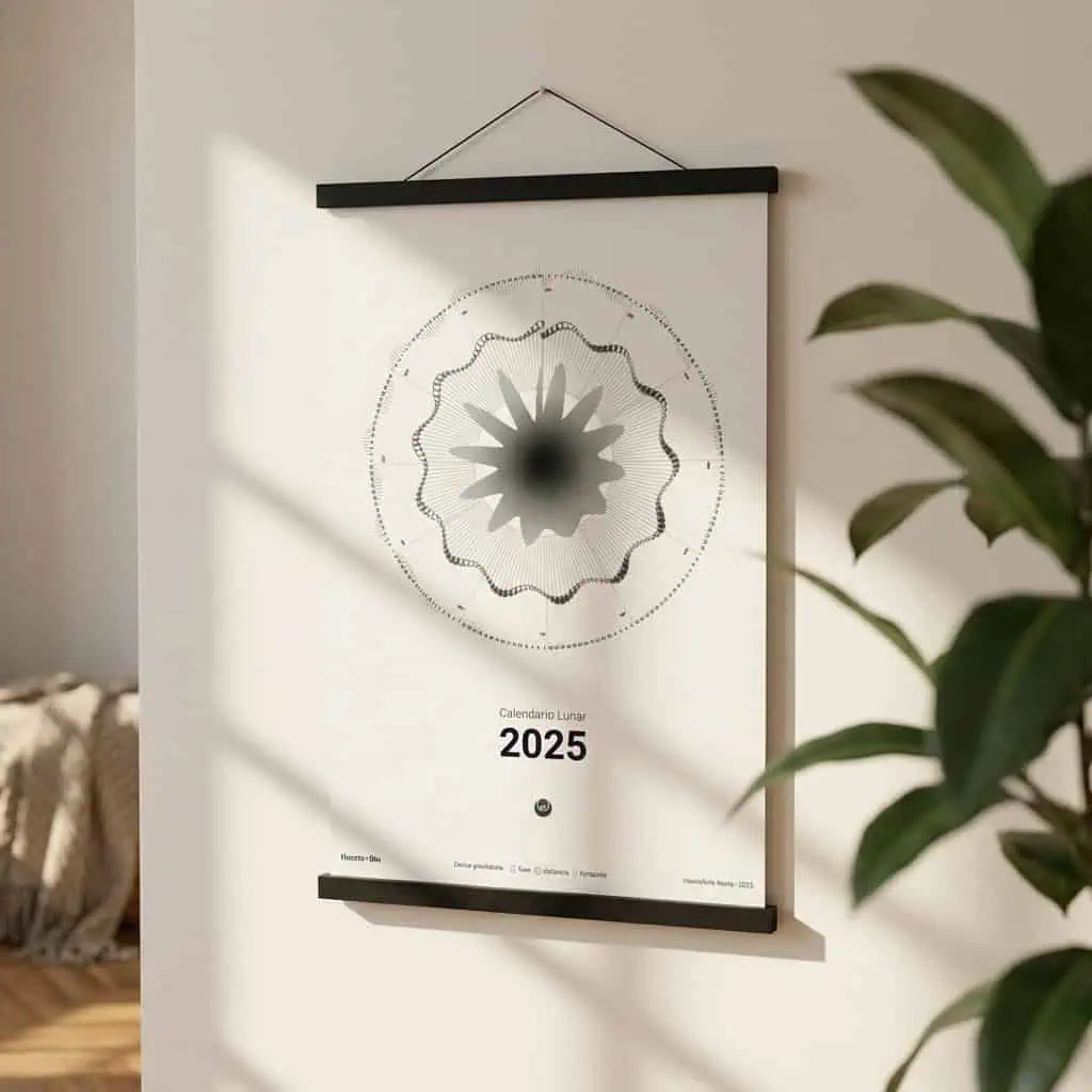 Reloj lunar 2025 en estilo minimalista, diseñado para agricultura ecológica y jardinería sostenible, con calendario lunar y técnicas de cultivos orgánicos.