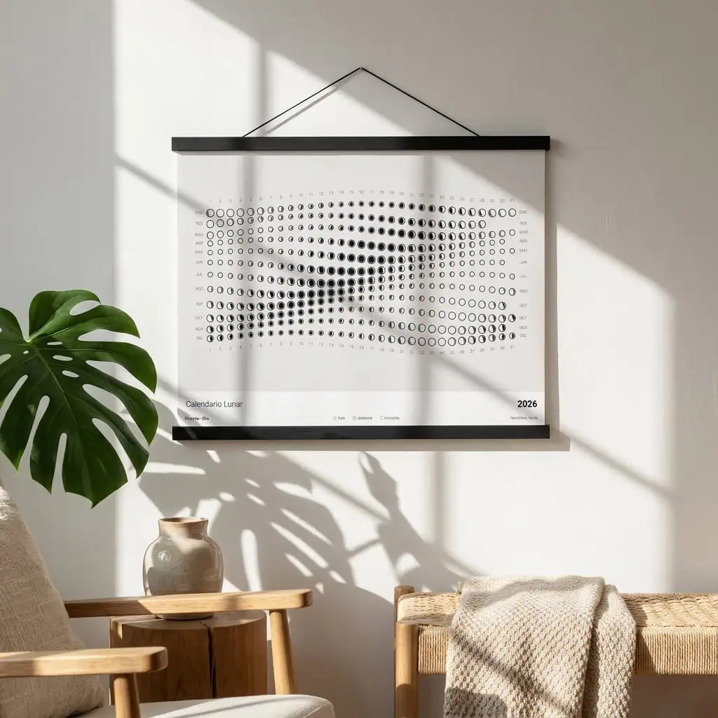 1. Póster del calendario lunar 2026 con diseño gráfico en círculos y fechas, decorativo y funcional para hogares y oficinas en estilo moderno minimalista.