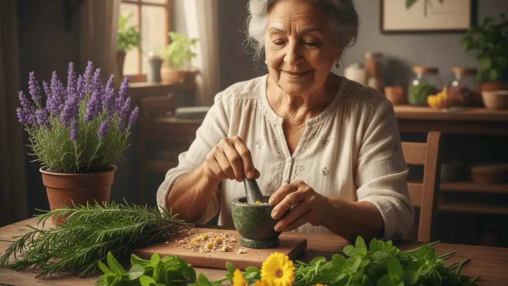 Mujer mayor preparando infusión de hierbas en cocina con plantas aromáticas y flores naturales, estilo de vida saludable y alimentación ecológica en huerto.bio.