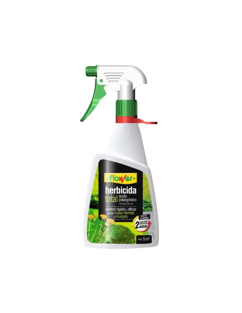 Herbicida total en spray con ácido pelargónico de Flower, control rápido y eficaz de hierbas y musgos para jardinería ecológica y huertos urbanos.